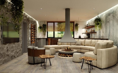 Печь Virtu Центральный 808-2D, подвесной и закрытая топка (4 радиусных стекла)